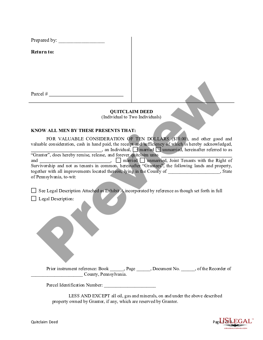 Pennsylvania Quitclaim Deed from Individual to Two Individuals in Joint