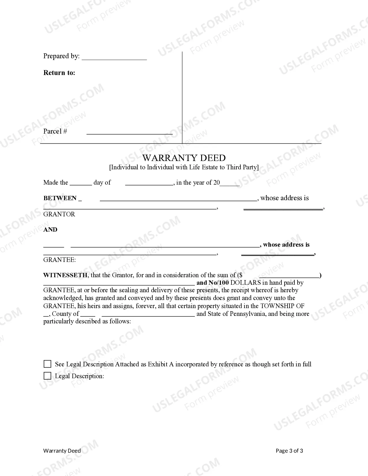 Preview Warranty Deed from Individual to Individual with Life Estate to Third Party
