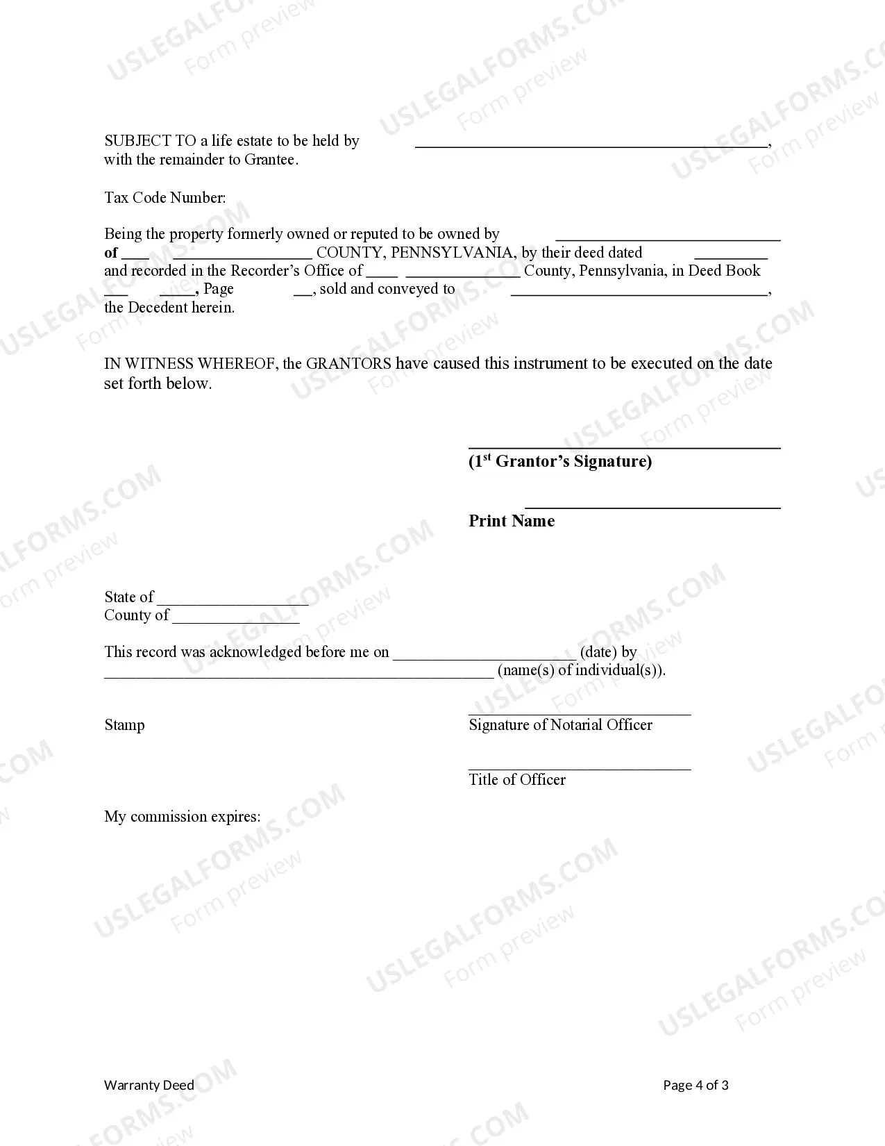 Preview Warranty Deed from Individual to Individual with Life Estate to Third Party