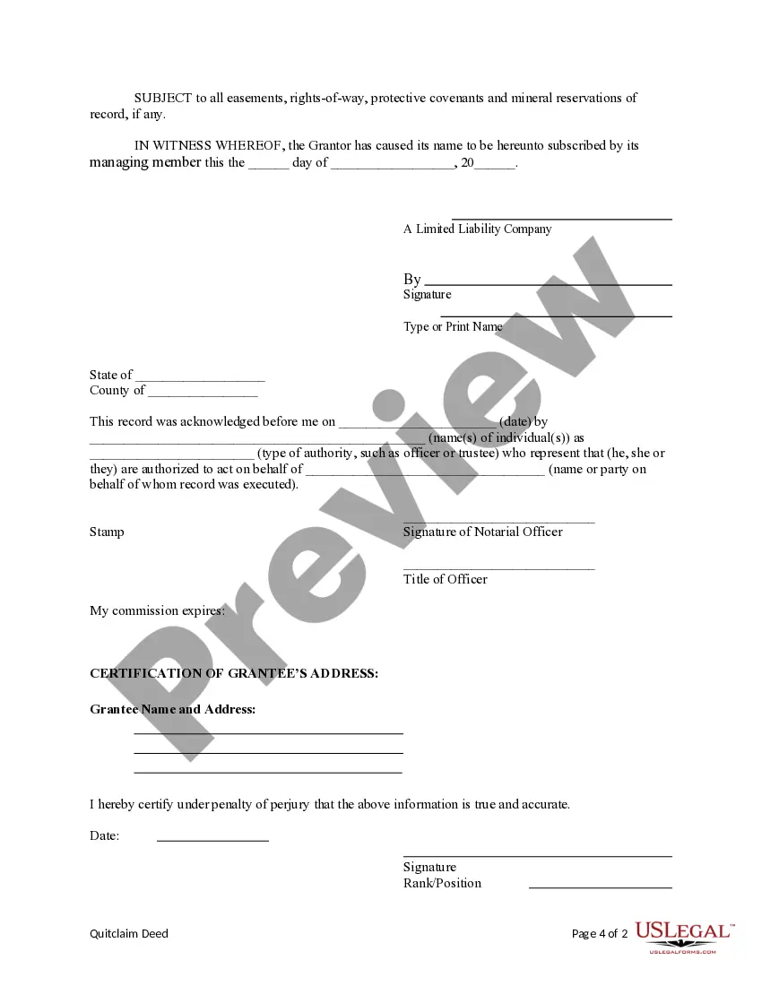 Preview Quitclaim Deed from a Limited Liability Company to an Individual