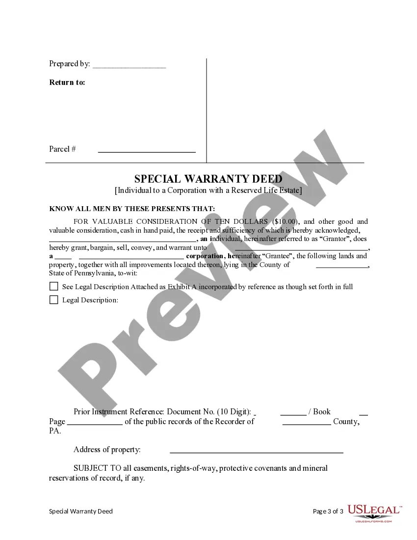Preview Special Warranty Deed from an Individual to a Corporation with a Reserved Life Estate