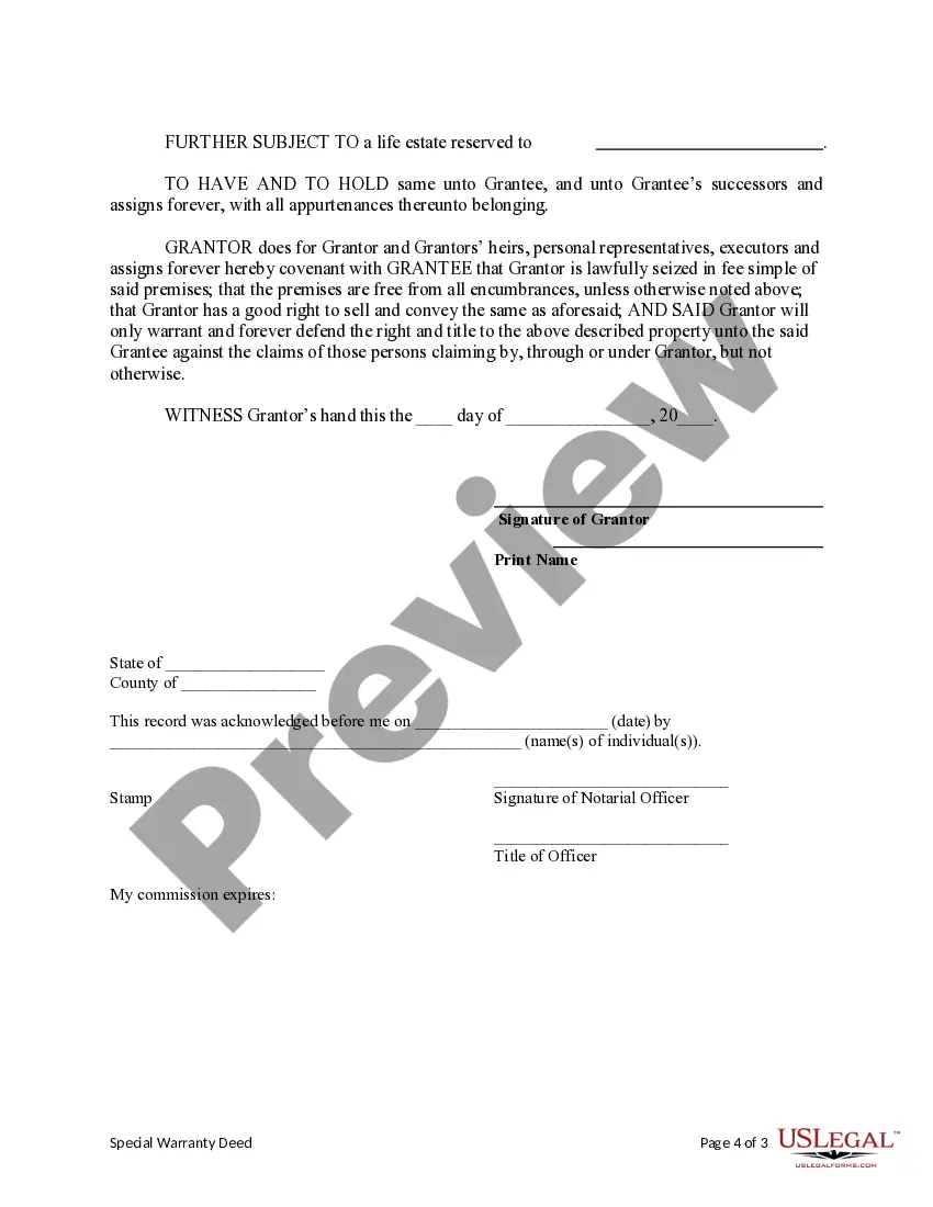 Preview Special Warranty Deed from an Individual to a Corporation with a Reserved Life Estate