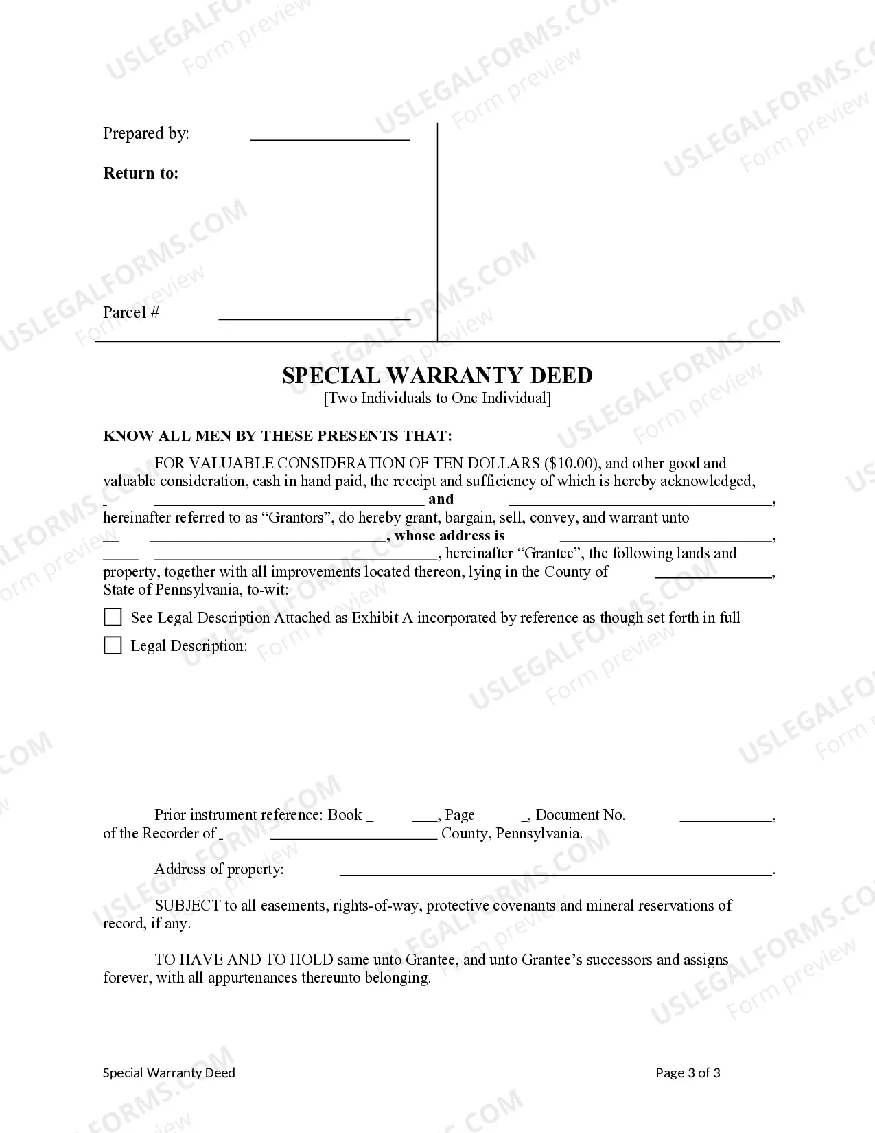 Preview Special Warranty Deed - Two Individuals to One Individual