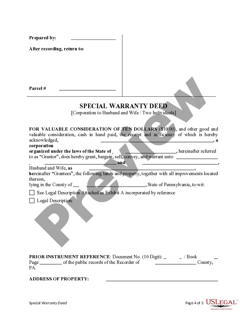 Get Special Warranty Deed from Corp. to Husband and Wife / Two Individuals Preview Special Warranty Deed from Corp. to Husband and Wife / Two Individuals