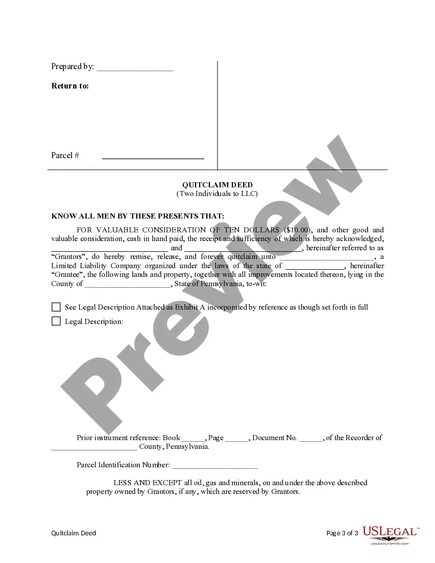 Get Quitclaim Deed by Two Individuals to LLC Preview Quitclaim Deed by Two Individuals to LLC