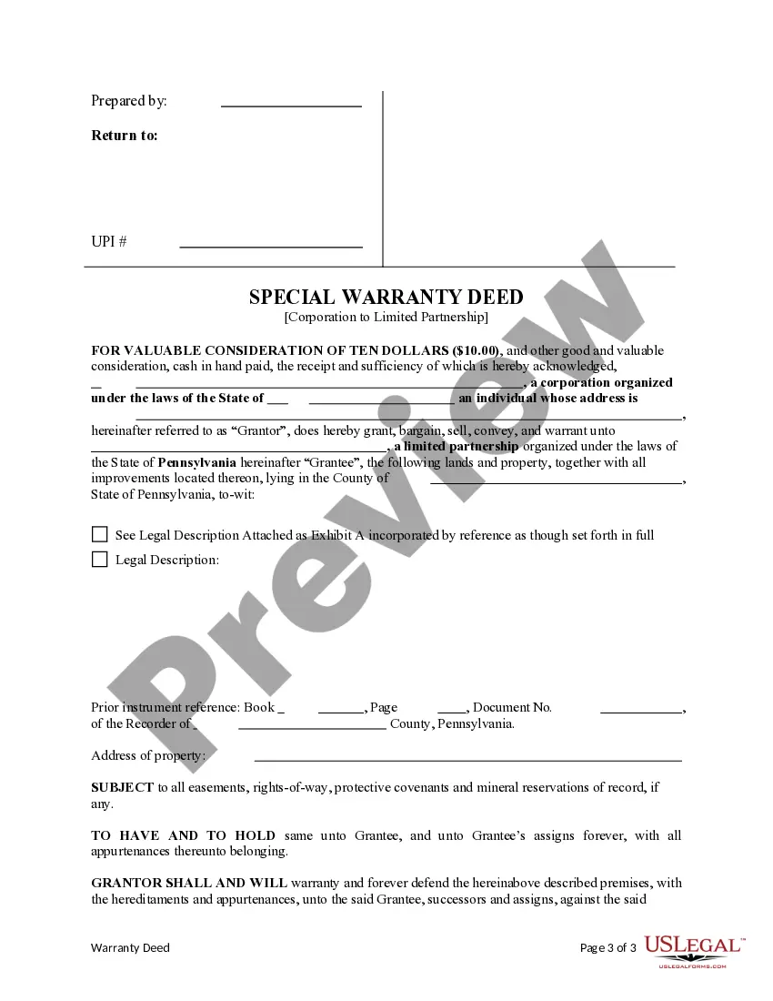 Get Special Warranty Deed from Corporation to Limited Partnership Preview Special Warranty Deed from Corporation to Limited Partnership