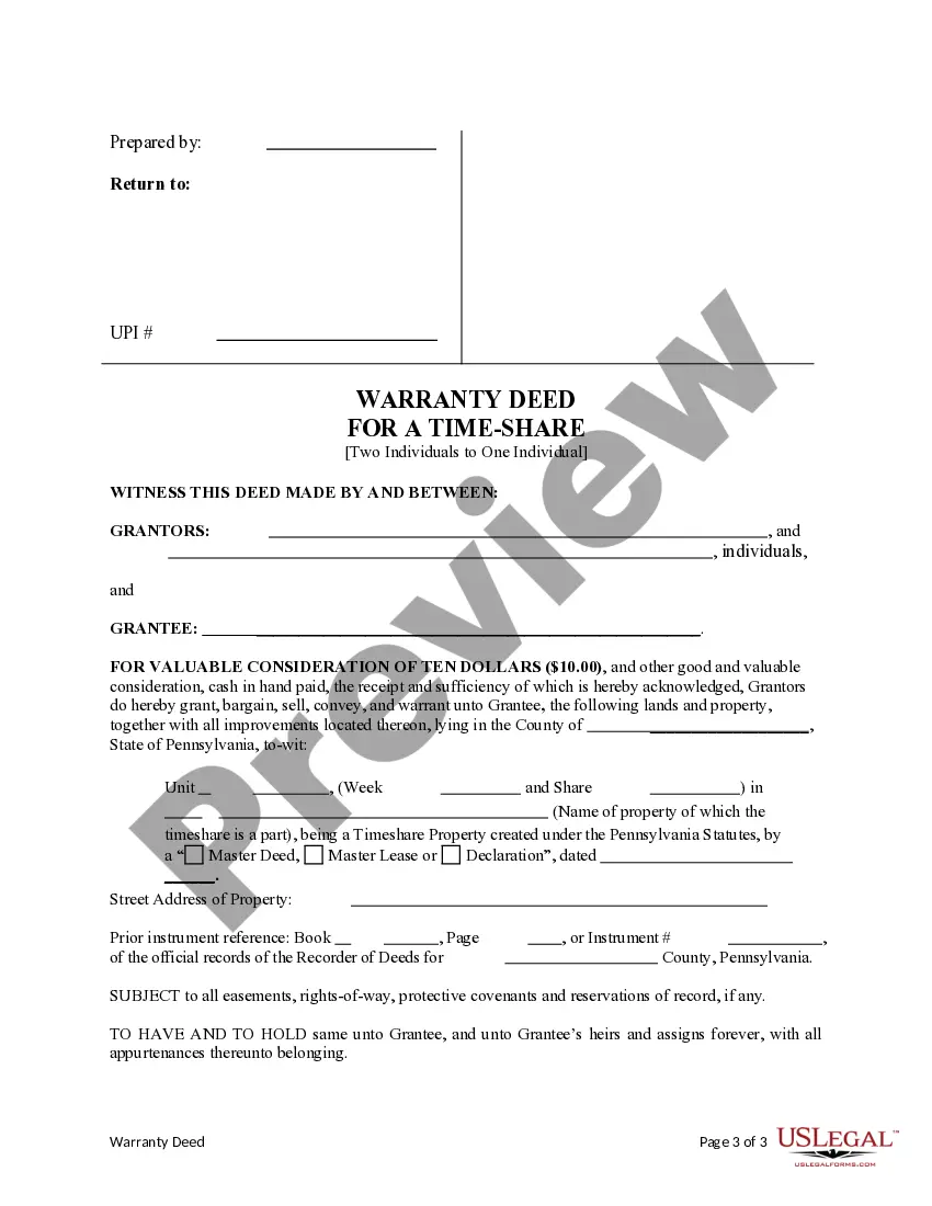 Preview Warranty Deed for a Time-Share from Two Individuals to One Individual