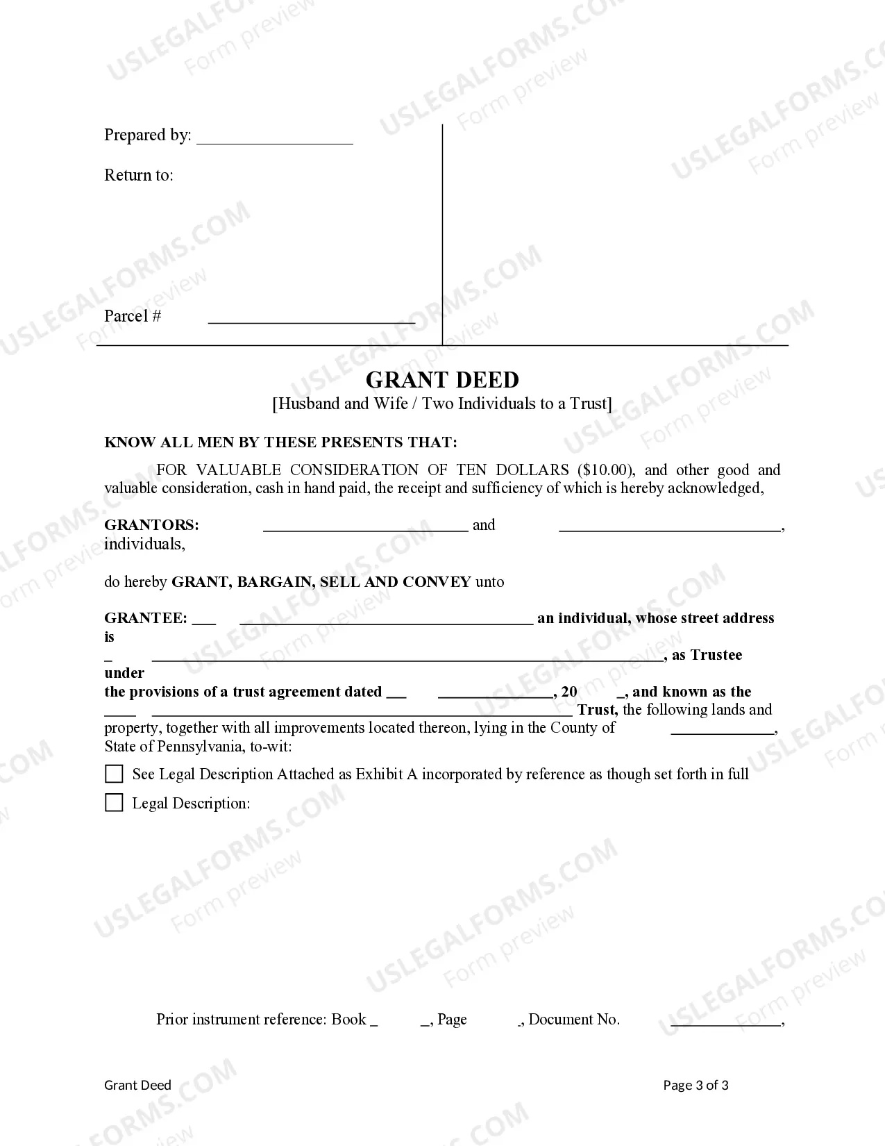 Preview Grant Deed from Husband and Wife, or two Individuals, to a Trust