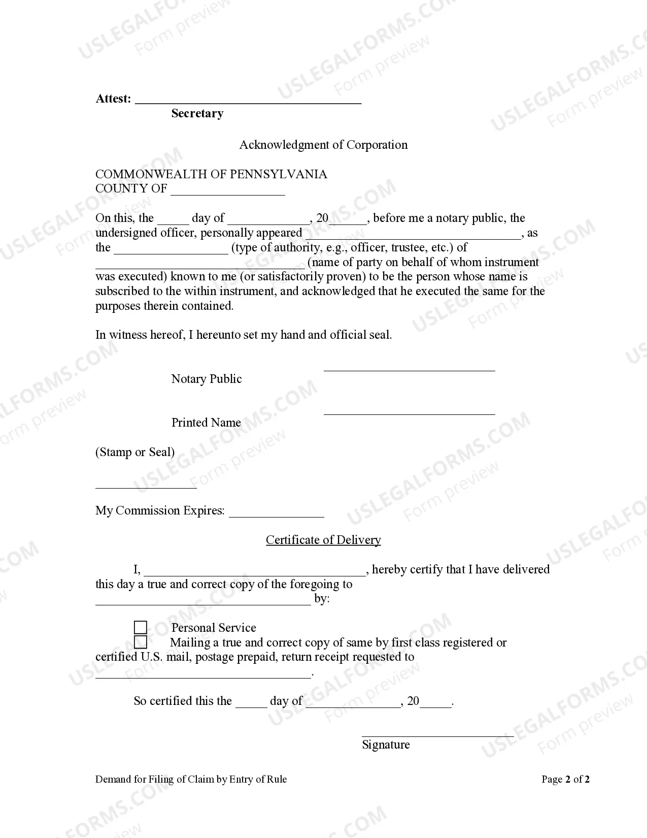 Preview Demand for Filing of Claim by Entry of Rule by Corporation