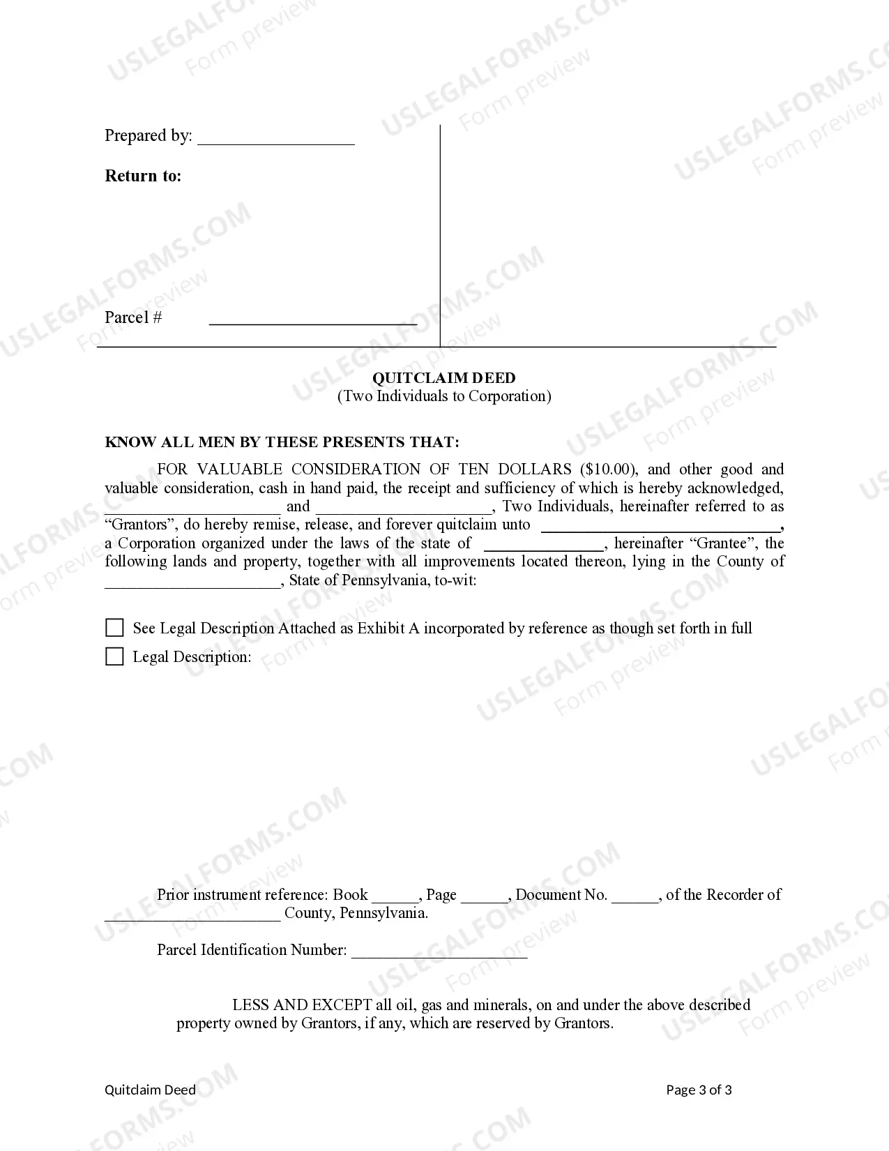 Preview Quitclaim Deed by Two Individuals to Corporation