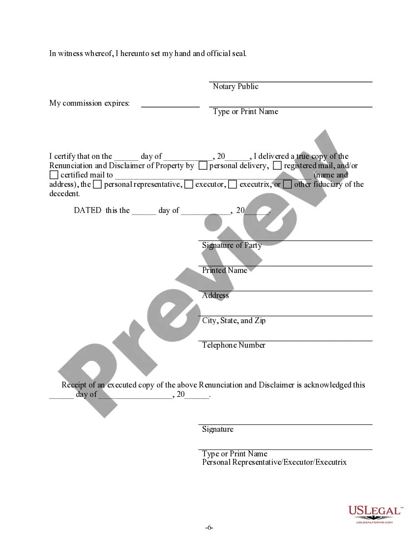 Preview Renunciation And Disclaimer of Property from Will by Testate