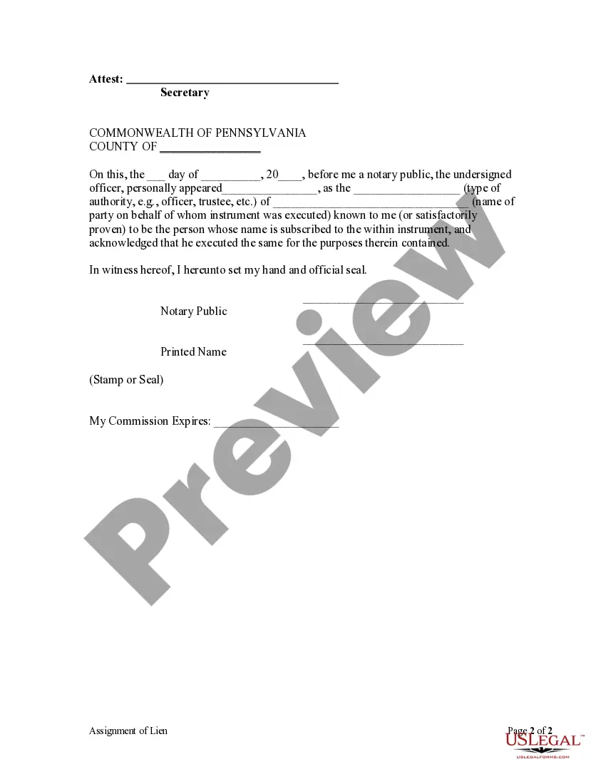 Preview Assignment of Lien - Corporation