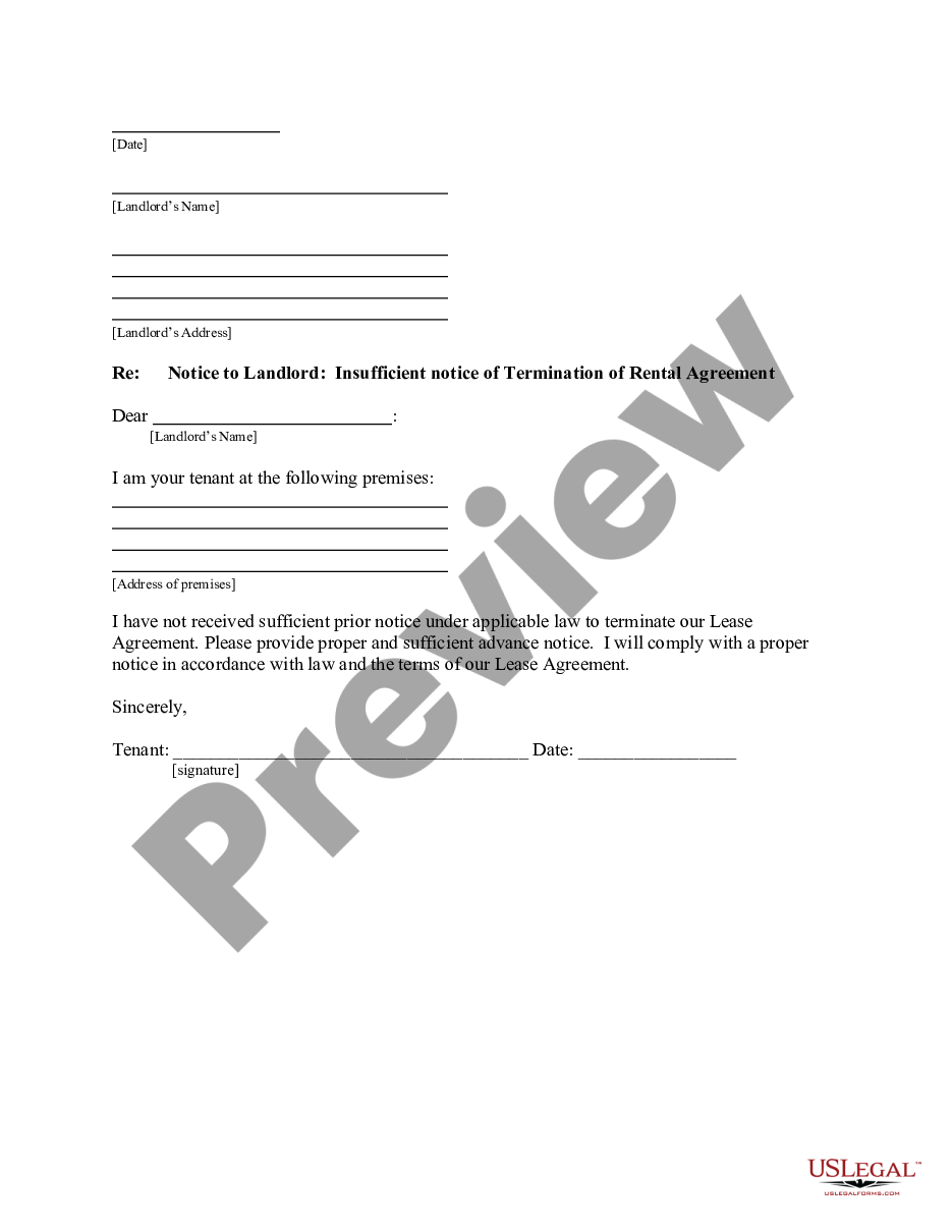 page 0 Letter from Tenant to Landlord about Insufficient Notice to Terminate Rental Agreement preview