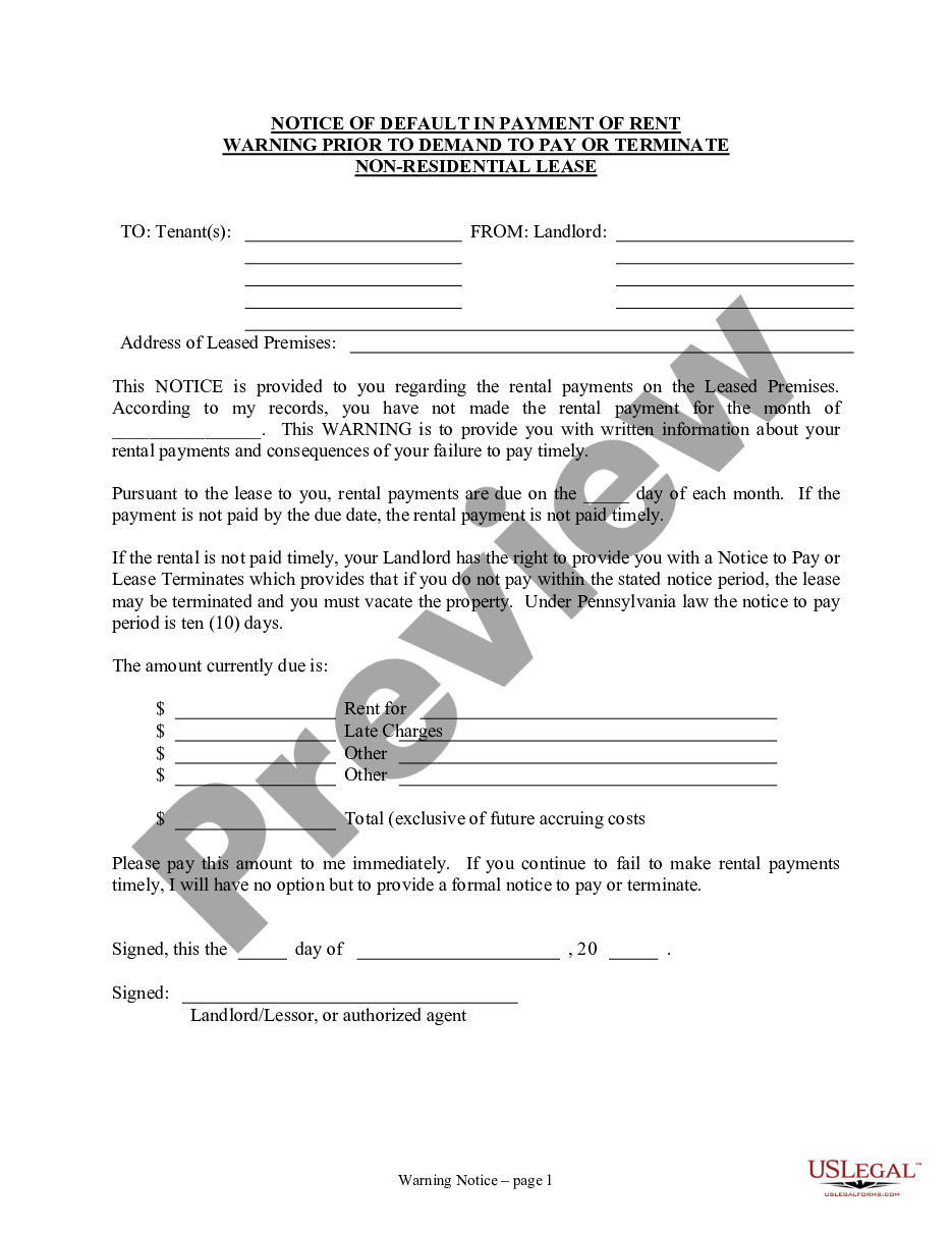 page 0 Notice of Default in Payment of Rent as Warning Prior to Demand to Pay or Terminate for Nonresidential or Commercial Property preview