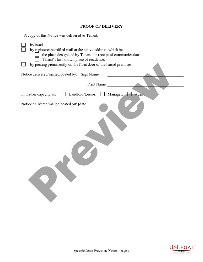 page 1 Notice of Breach of Written Lease for Violating Specific Provisions of Lease with Right to Cure for Nonresidential Property from Landlord to Tenant preview