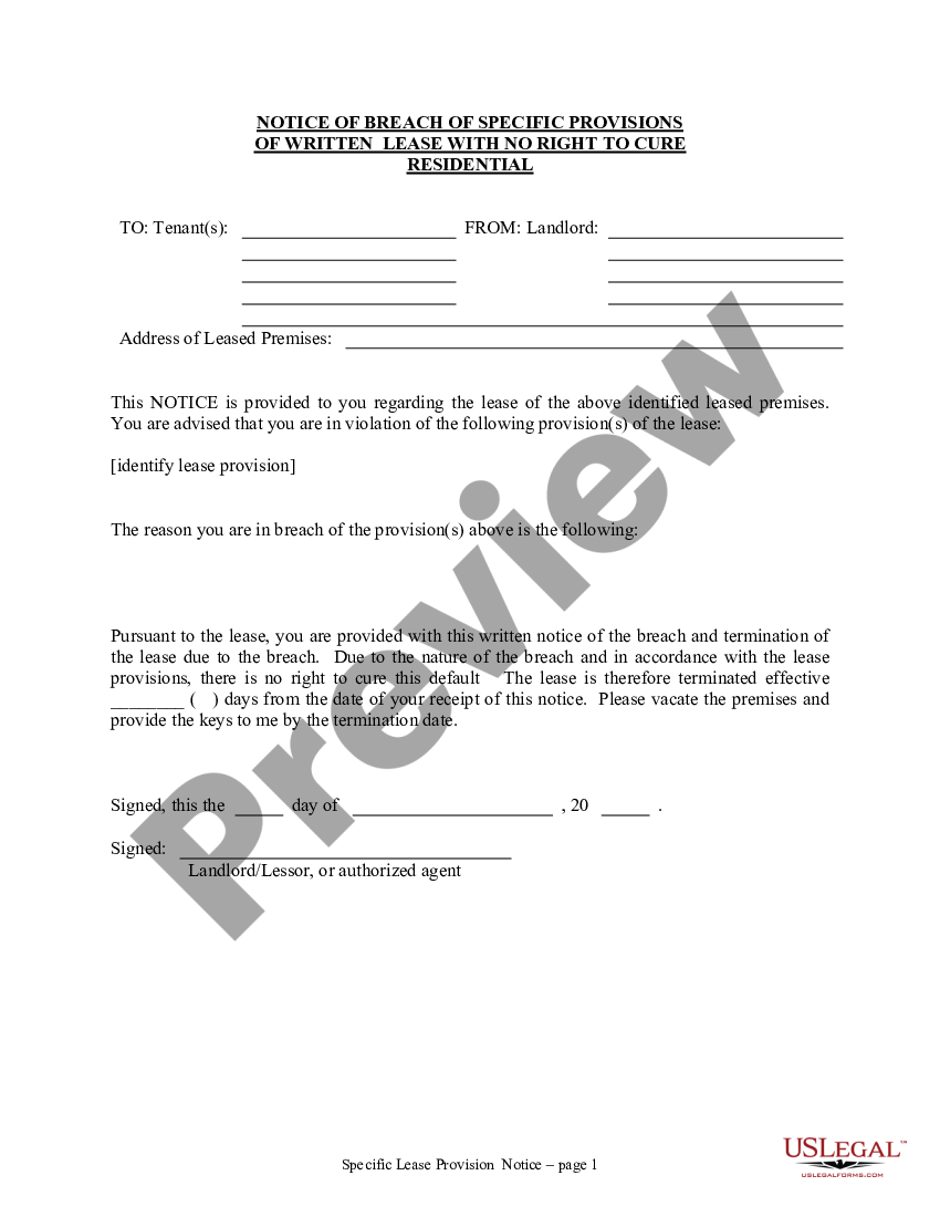 page 0 Notice of Breach of Written Lease for Violating Specific Provisions of Lease with No Right to Cure for Residential Property from Landlord to Tenant preview
