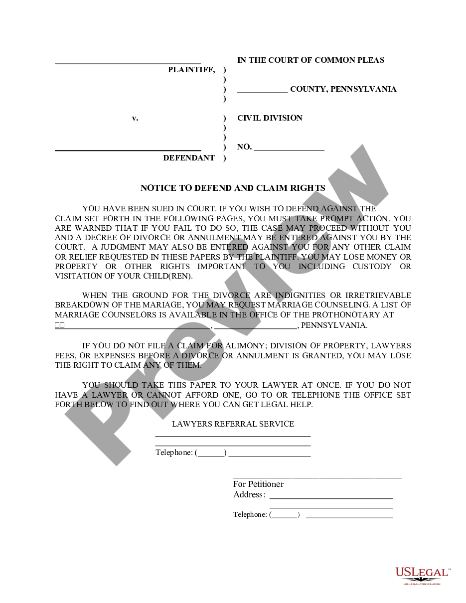 Pennsylvania Notice To Defend And Claim Rights Notice To Defend Template Us Legal Forms 1124