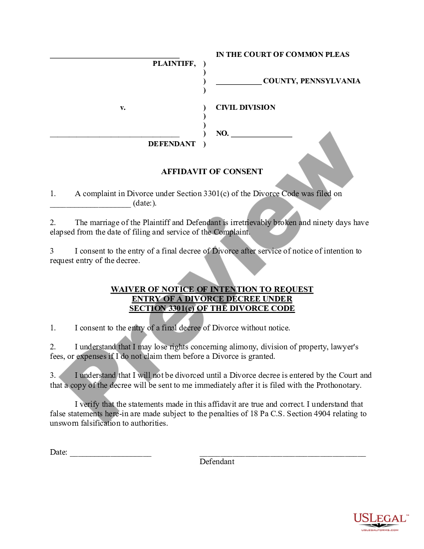 Pennsylvania Defendant's Affidavit of Consent | US Legal Forms