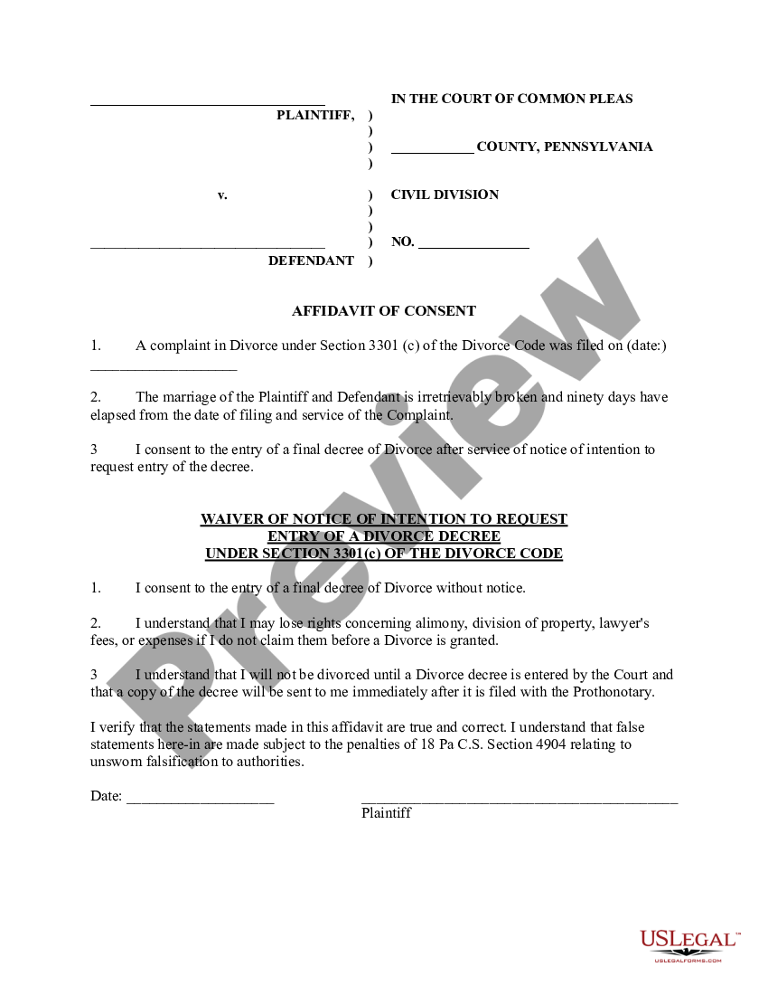 Philadelphia Pennsylvania Plaintiff's Affidavit of Consent | US Legal Forms