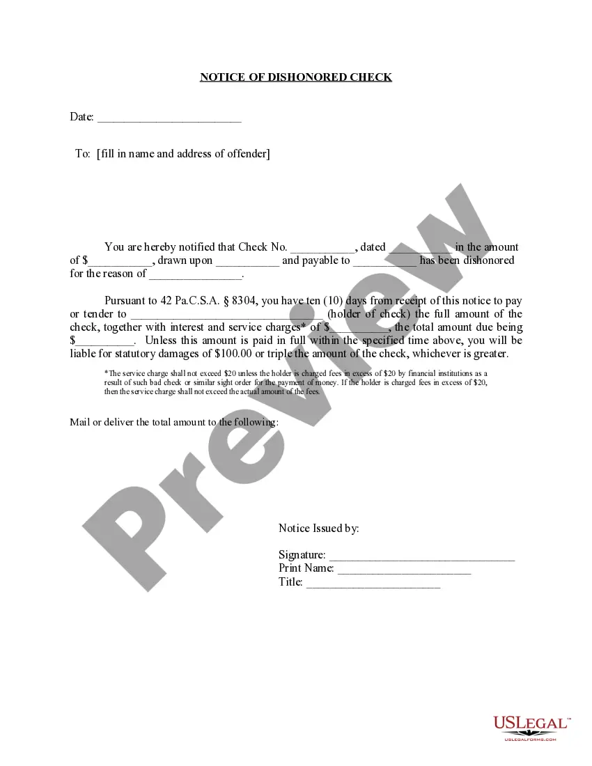 Preview Notice of Dishonored Check - Civil - Keywords: bad check, bounced check