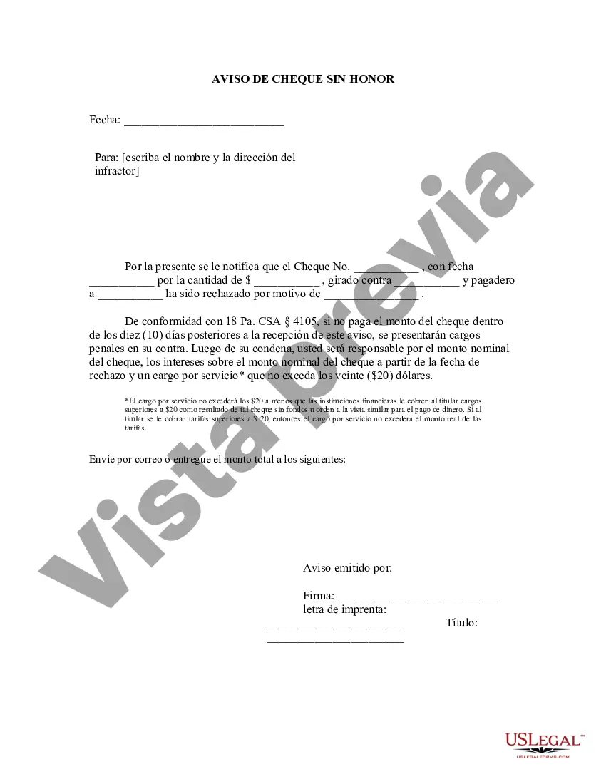 Preview Aviso de cheque sin fondos - Penal - Palabras clave: cheque sin fondos, cheque sin fondos