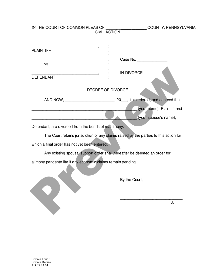 Pennsylvania Decree of Divorce - Divorce Decree | US Legal Forms