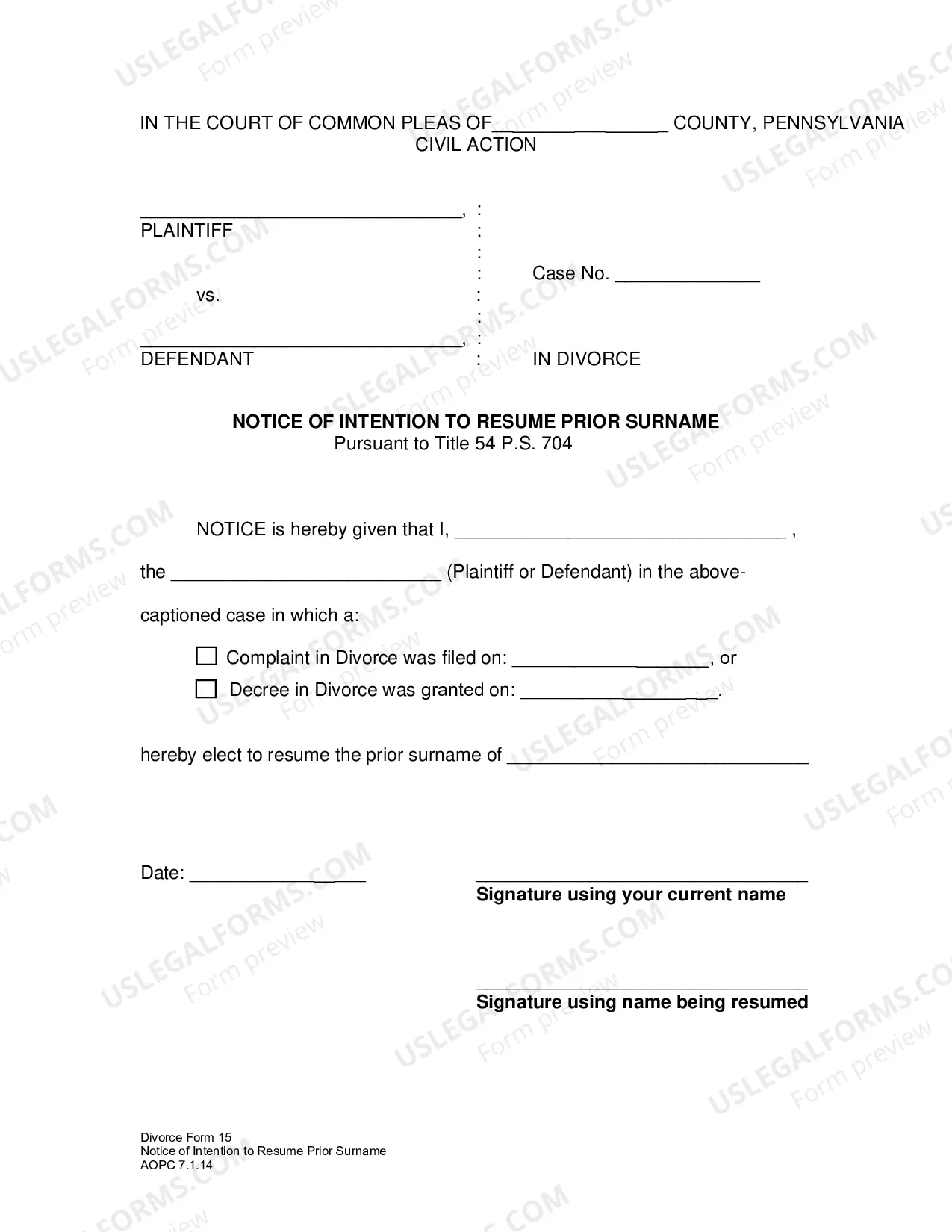 Preview Notice of Intention to Retake Prior Name
