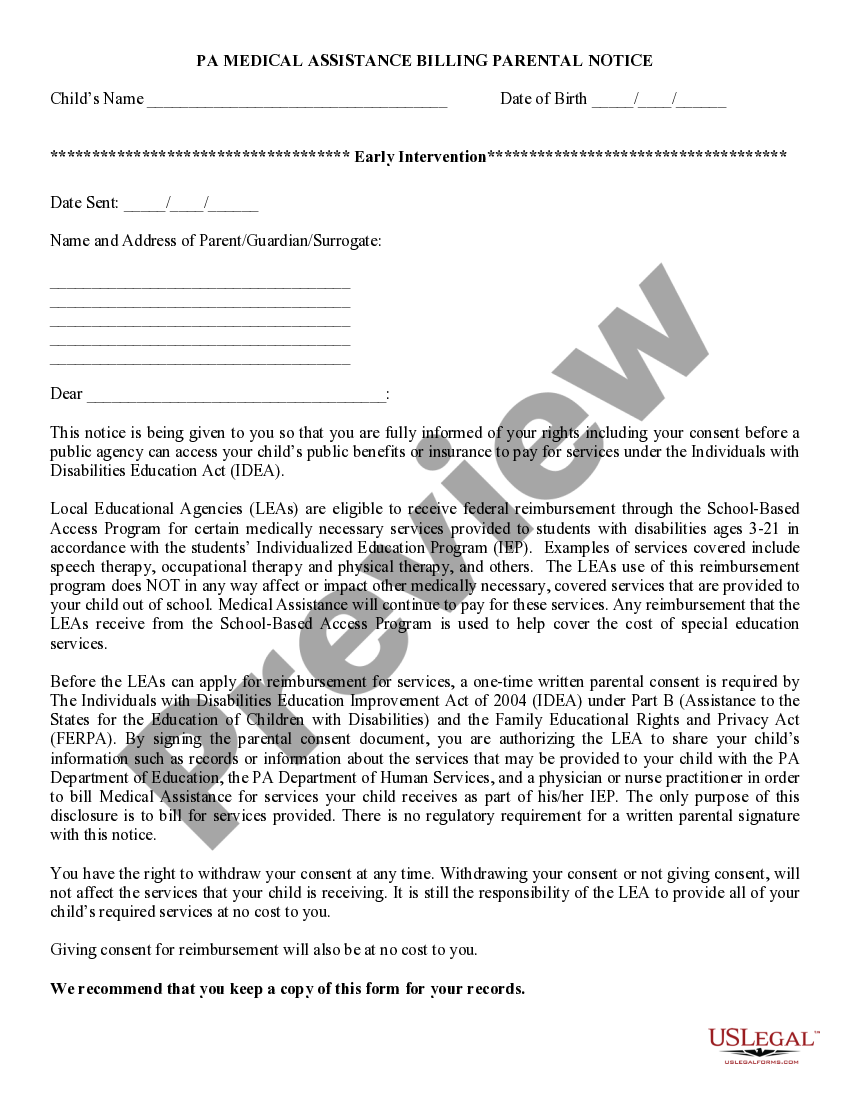 Parental Notice for PA Medical Assistance Billing Pennsylvania Only
