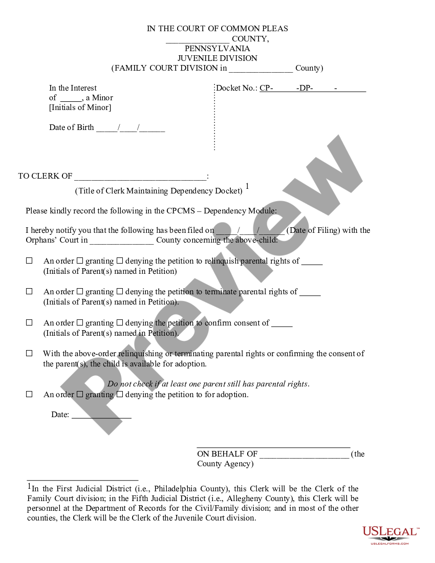 Notice of Filing in a Court of Common Please Juvenile Division of ...