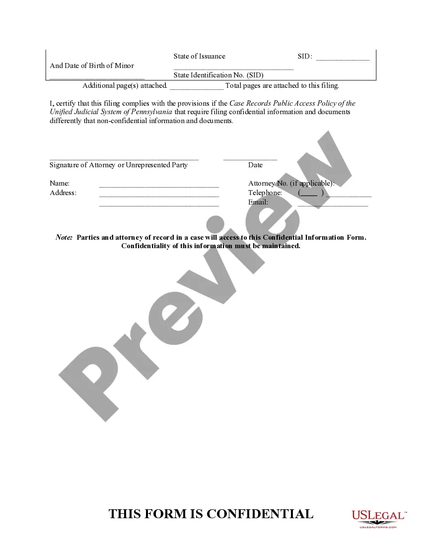 Preview Confidential Information Form Pursuant to Case Records Public Access Policy of the Unified Justice System of Pennsylvania