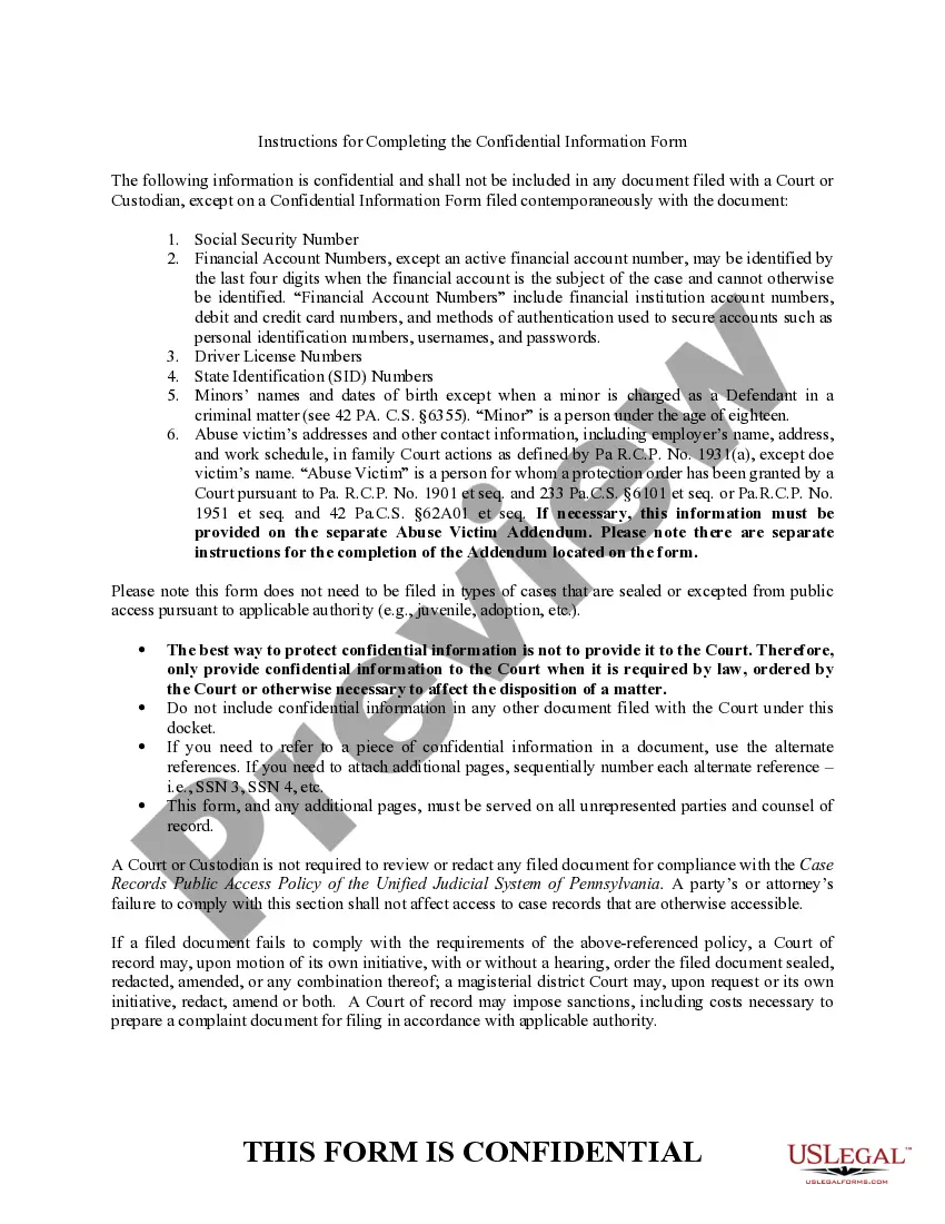 Preview Confidential Information Form Pursuant to Case Records Public Access Policy of the Unified Justice System of Pennsylvania