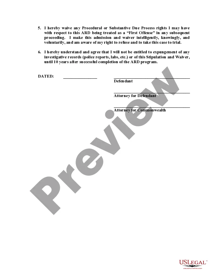Preview Stipulation and Waiver Concerning Accelerated Rehabilitative Disposition (ARD) Program