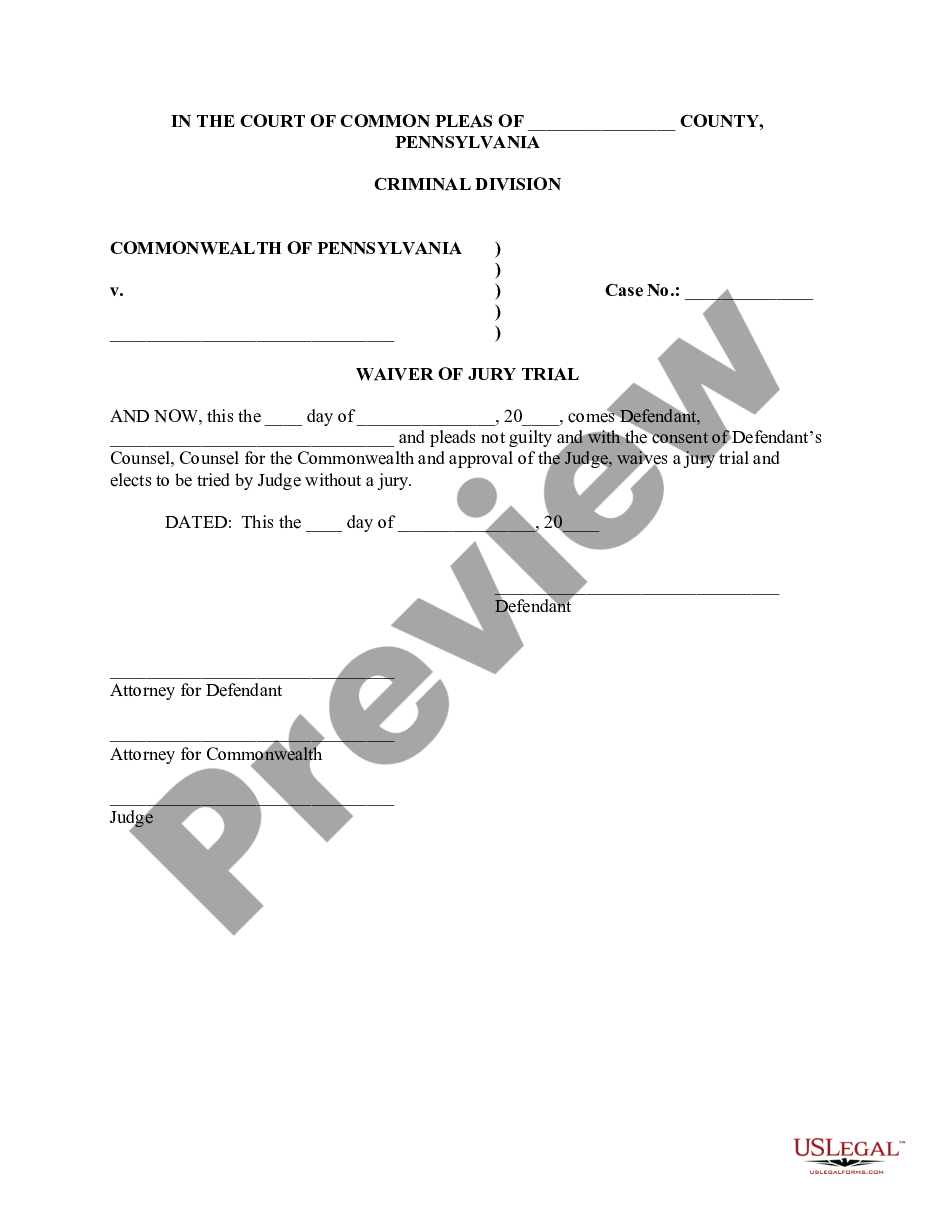 Pennsylvania Waiver of Jury Trial by Defendant US Legal Forms