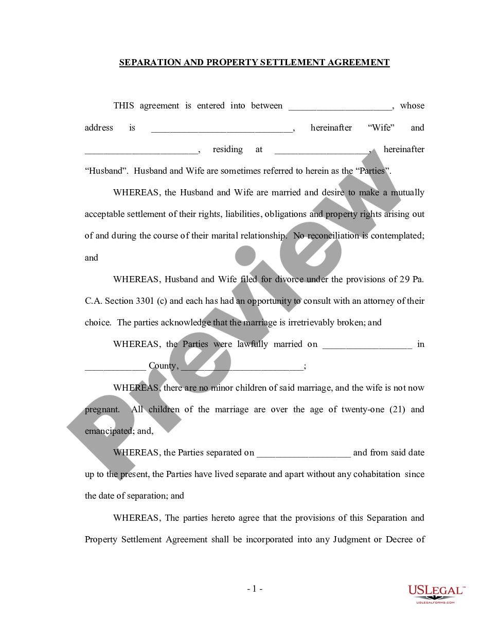 Pennsylvania Marital Property Settlement Agreement Spousal Waiver 