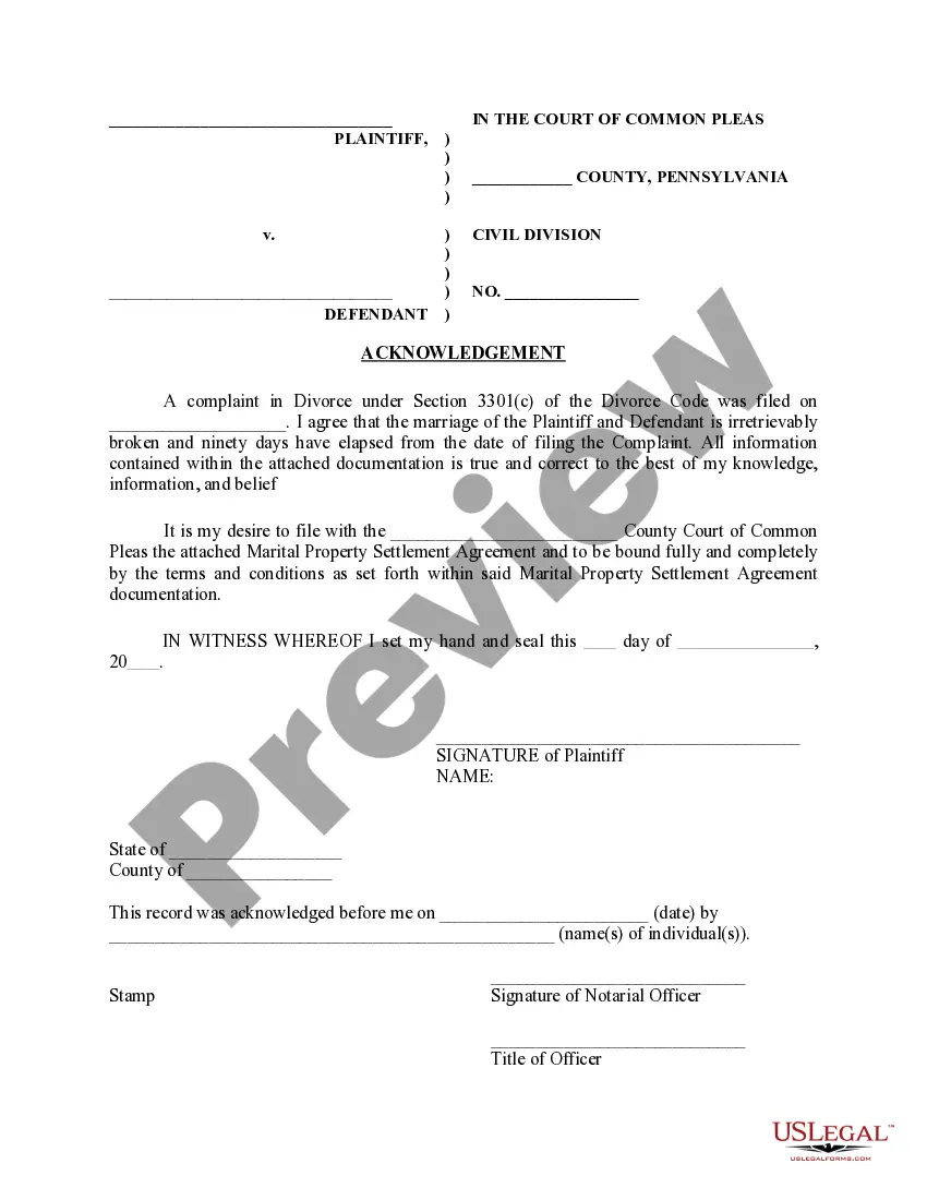Preview Acknowledgment for Plaintiff (for Marital Property Settlement Agreement)