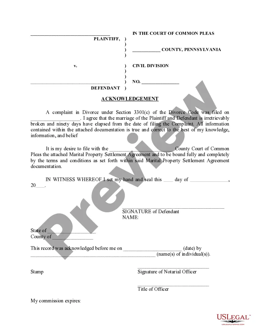 Preview Acknowledgment for Defendant (for Marital Property Settlement Agreement)