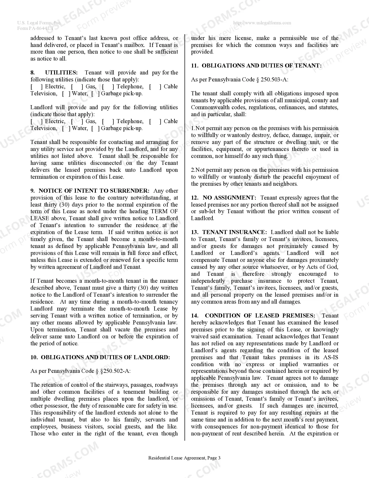 Preview Residential Lease or Rental Agreement for Month to Month