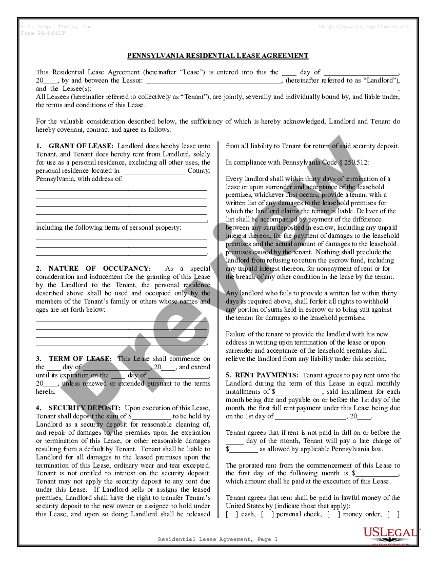 Pennsylvania Residential Rental Lease Agreement - Pa Lease Agreement ...