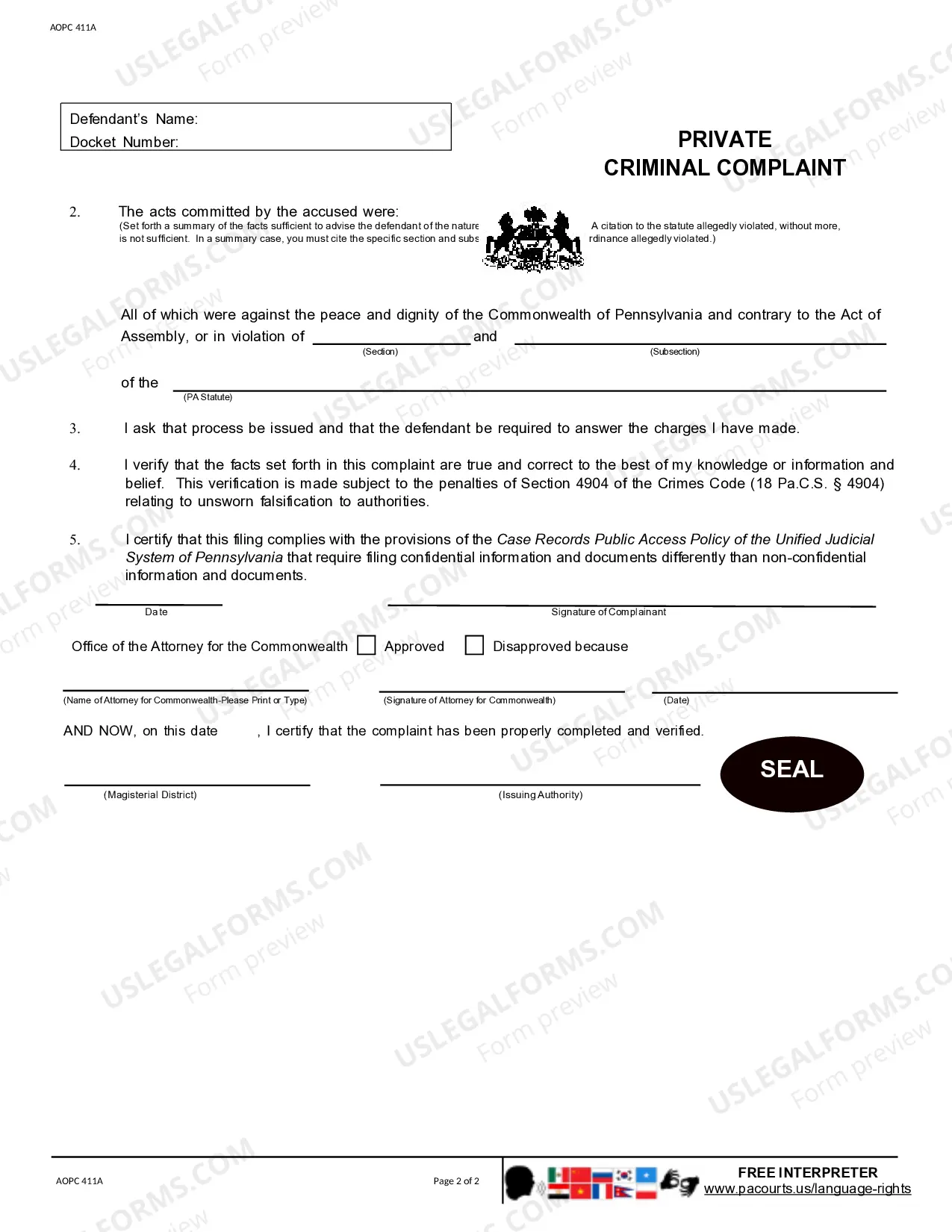 Preview Private Criminal Complaint