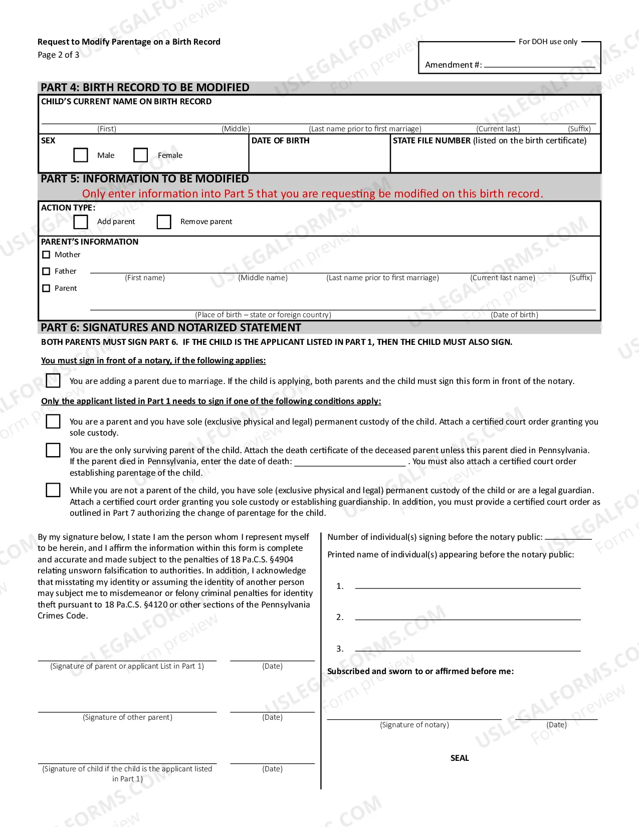 Preview Request to Modify Parentage on a Birth Record