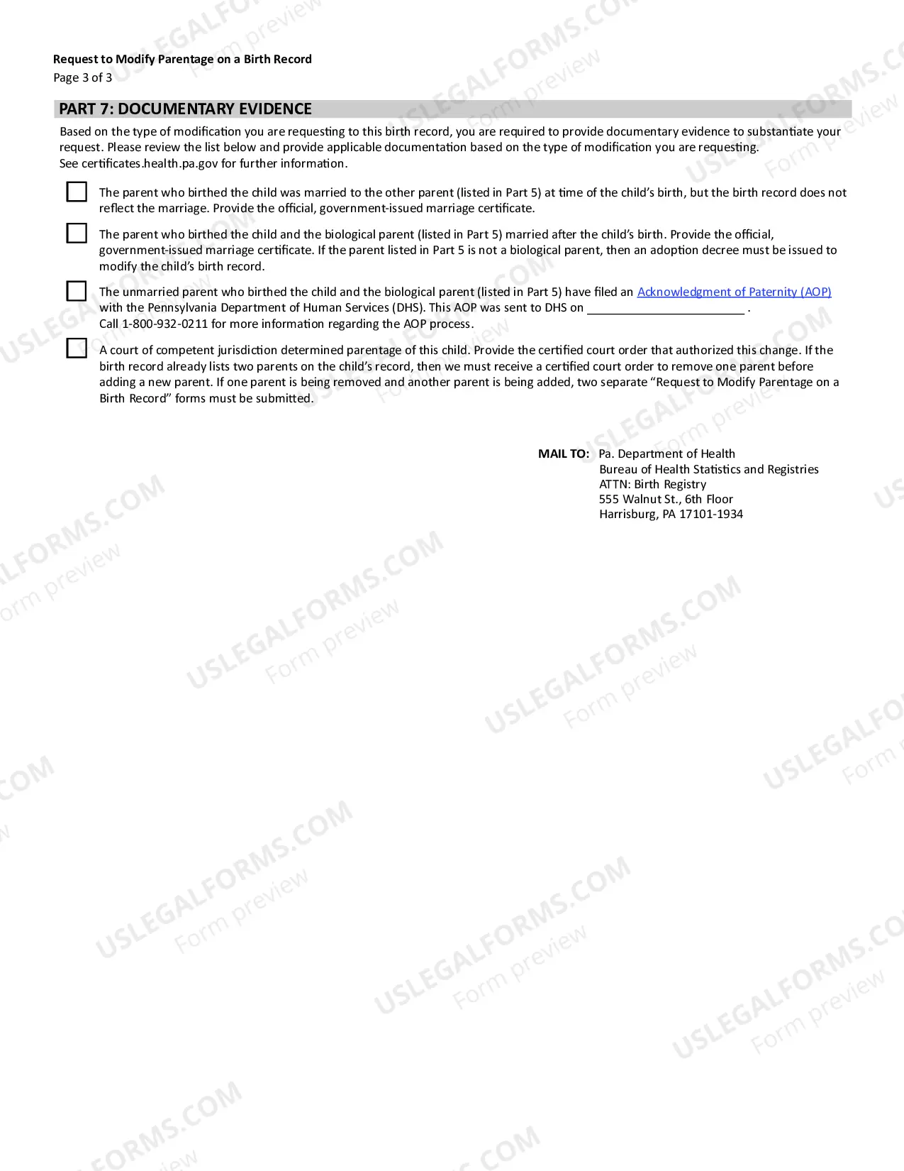Preview Request to Modify Parentage on a Birth Record