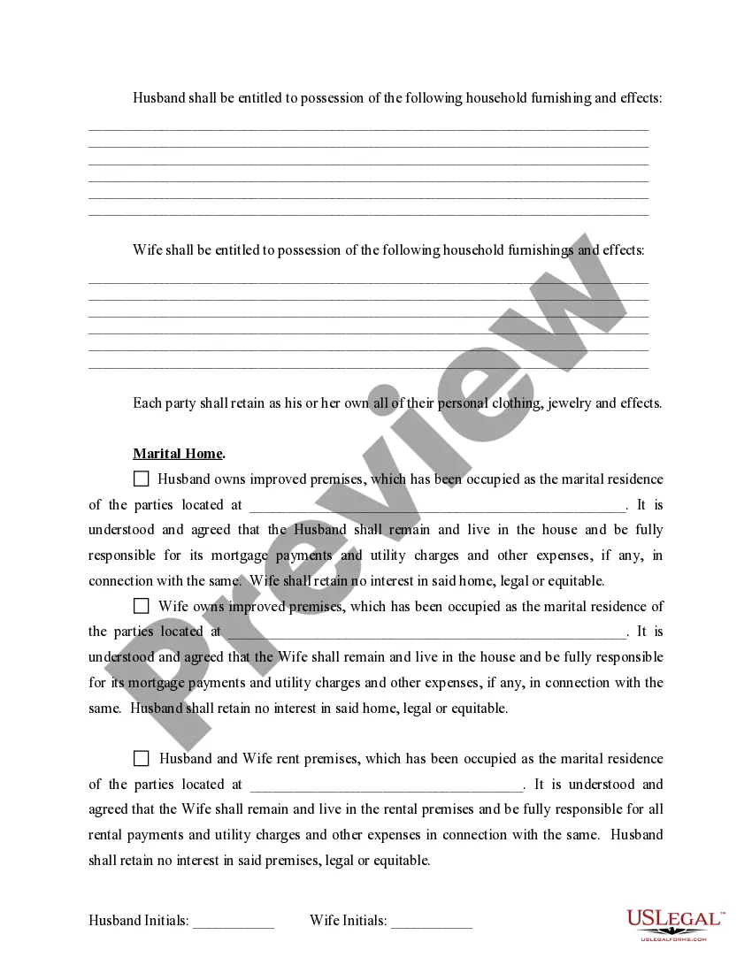 Get Marital Domestic Separation and Property Settlement Agreement for persons with No Children, No Joint Property or Debts where Divorce Action Filed Preview Marital Domestic Separation and Property Settlement Agreement for persons with No Children, No Joint Property or Debts where Divorce Action Filed