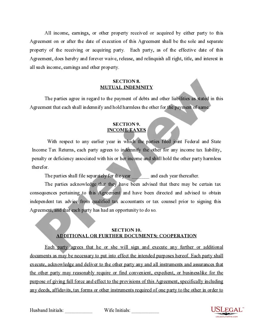 Get Marital Domestic Separation and Property Settlement Agreement for persons with No Children, No Joint Property or Debts where Divorce Action Filed Preview Marital Domestic Separation and Property Settlement Agreement for persons with No Children, No Joint Property or Debts where Divorce Action Filed