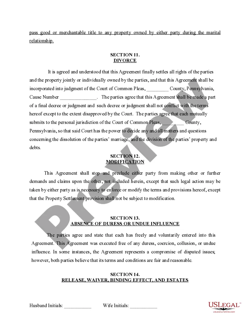 Get Marital Domestic Separation and Property Settlement Agreement for persons with No Children, No Joint Property or Debts where Divorce Action Filed Preview Marital Domestic Separation and Property Settlement Agreement for persons with No Children, No Joint Property or Debts where Divorce Action Filed