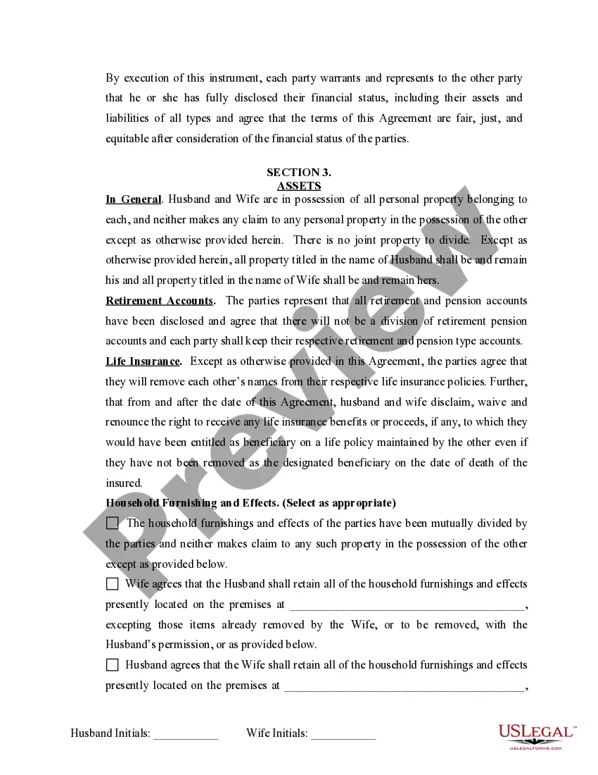 Preview Marital Domestic Separation and Property Settlement Agreement Minor Children no Joint Property or Debts where Divorce Action Filed