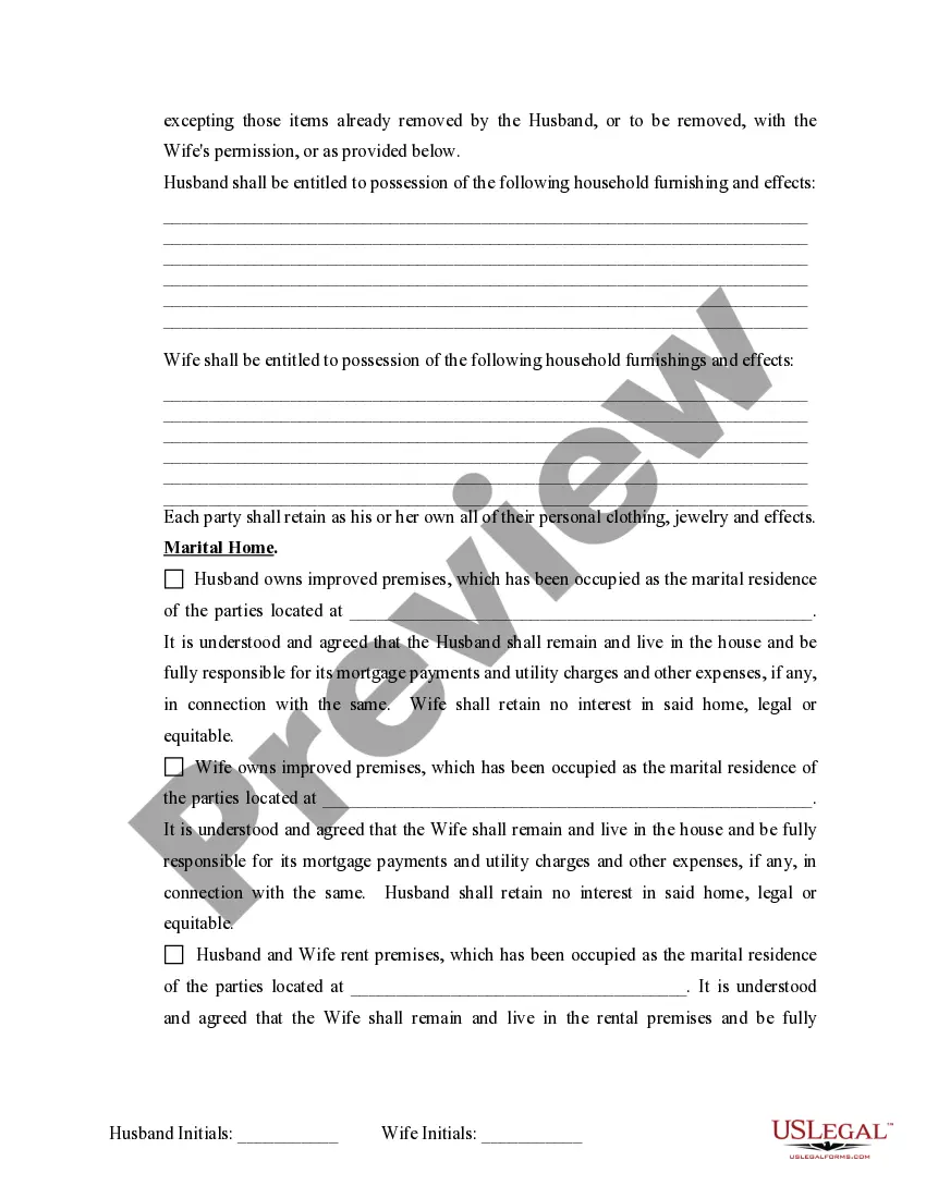 Preview Marital Domestic Separation and Property Settlement Agreement Minor Children no Joint Property or Debts where Divorce Action Filed