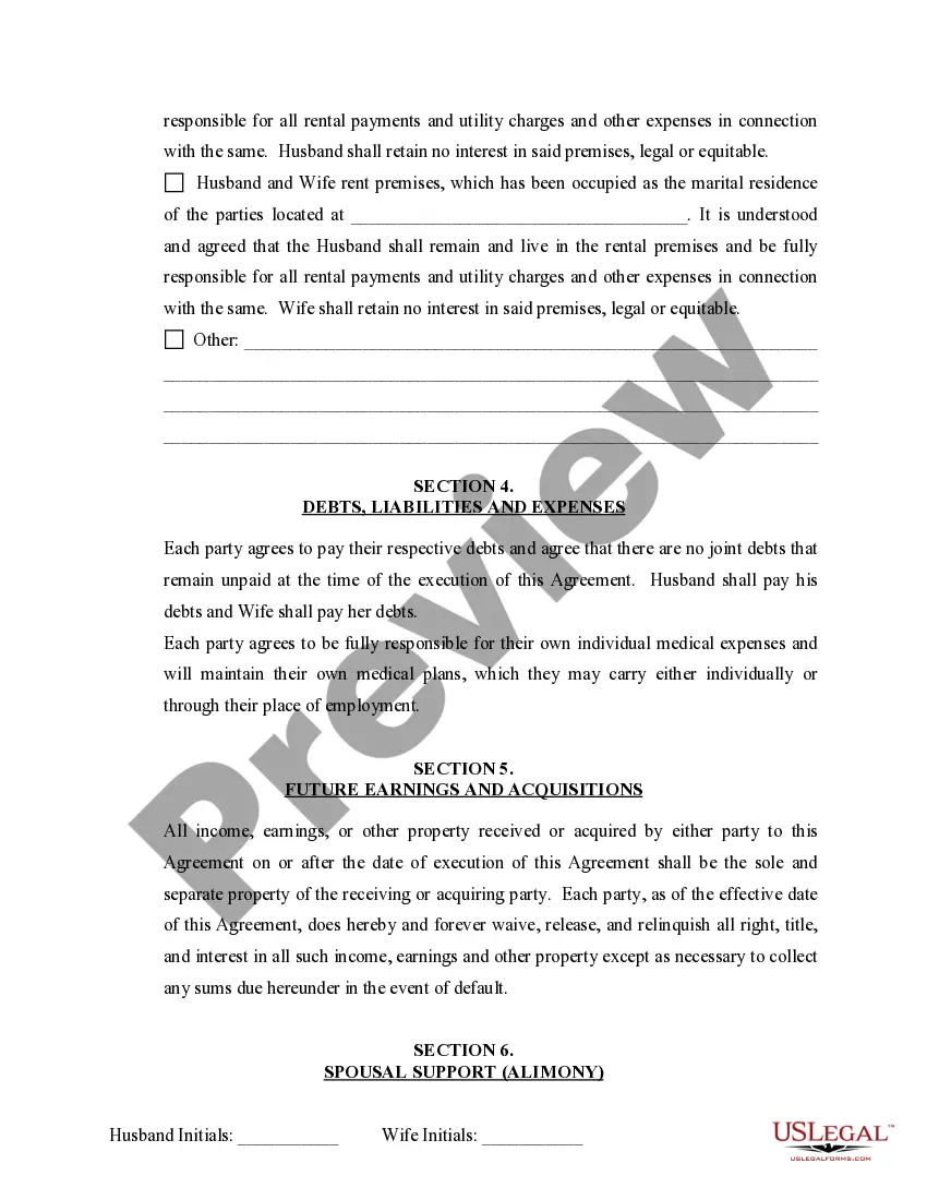 Preview Marital Domestic Separation and Property Settlement Agreement Minor Children no Joint Property or Debts where Divorce Action Filed