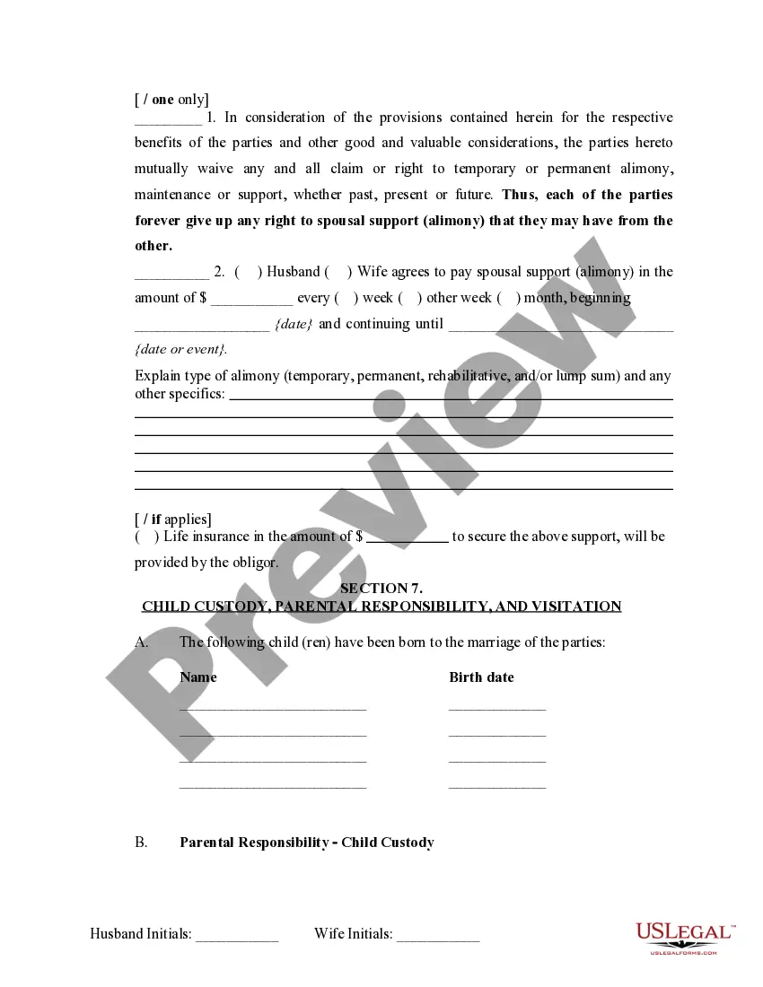 Preview Marital Domestic Separation and Property Settlement Agreement Minor Children no Joint Property or Debts where Divorce Action Filed