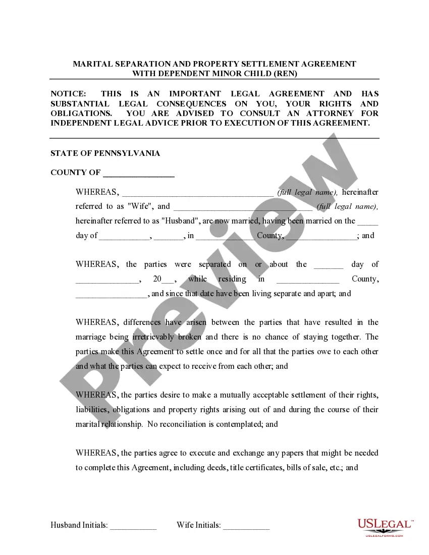 Preview Marital Domestic Separation and Property Settlement Agreement Minor Children no Joint Property or Debts effective Immediately