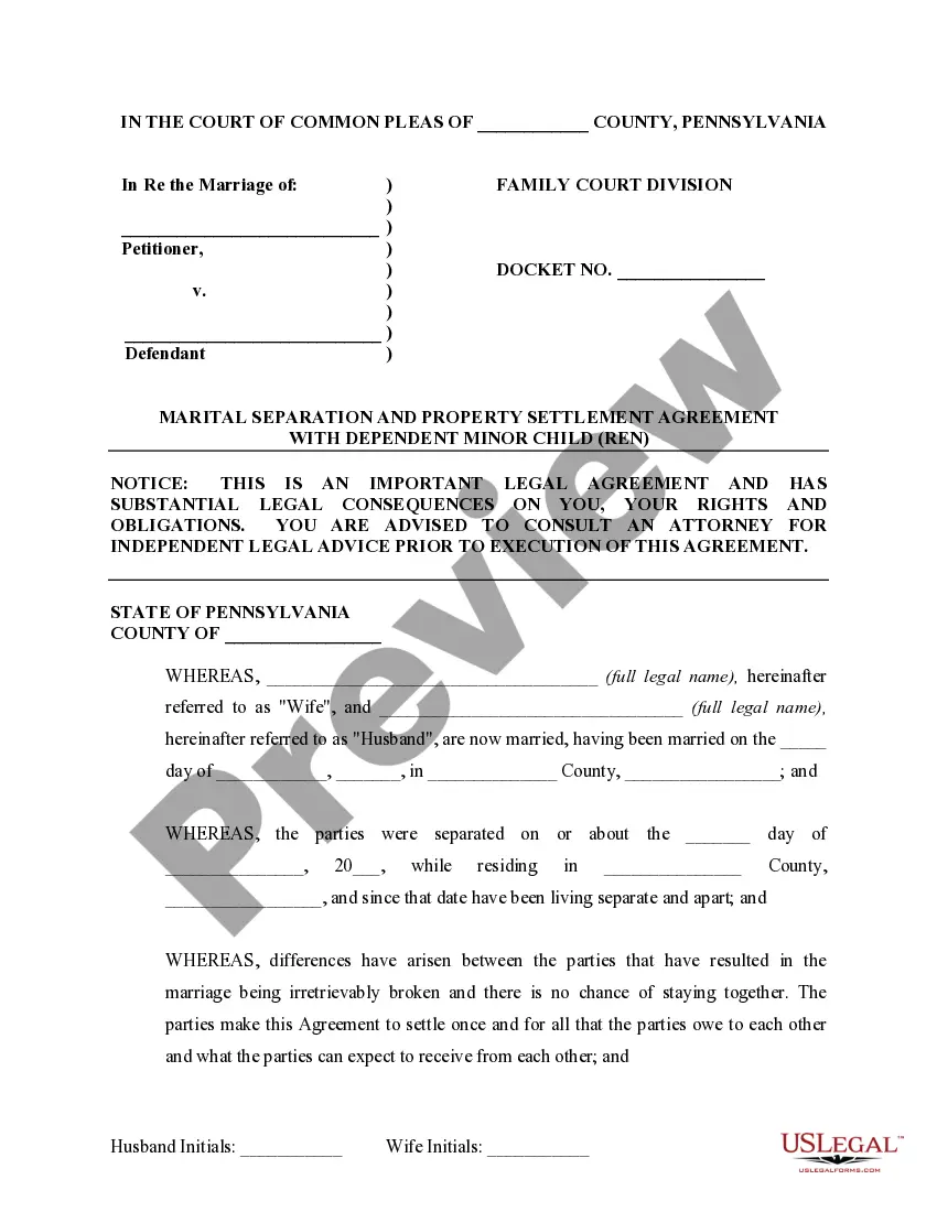 Preview Marital Domestic Separation and Property Settlement Agreement Minor Children Parties May have Joint Property or Debts where Divorce Action Filed